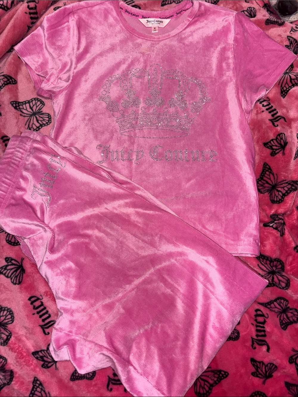 Juicy Couture Pink Velour Tee and Shorts Set with Rhinestone Crown